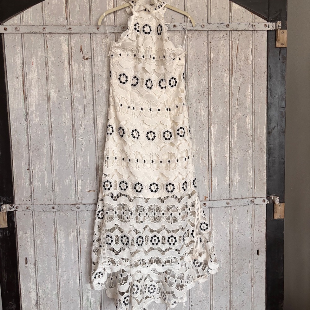 Luxxel White Lace High Neck Backless Hi-Low Dress Embroidered Boho Romantic